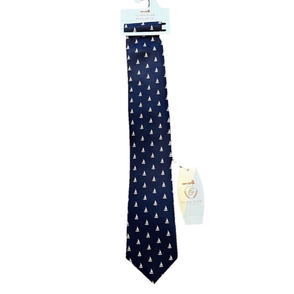 Class Club Boys Navy Blue White Sailboat Nautical Sailing Tie NWT Silk Blend